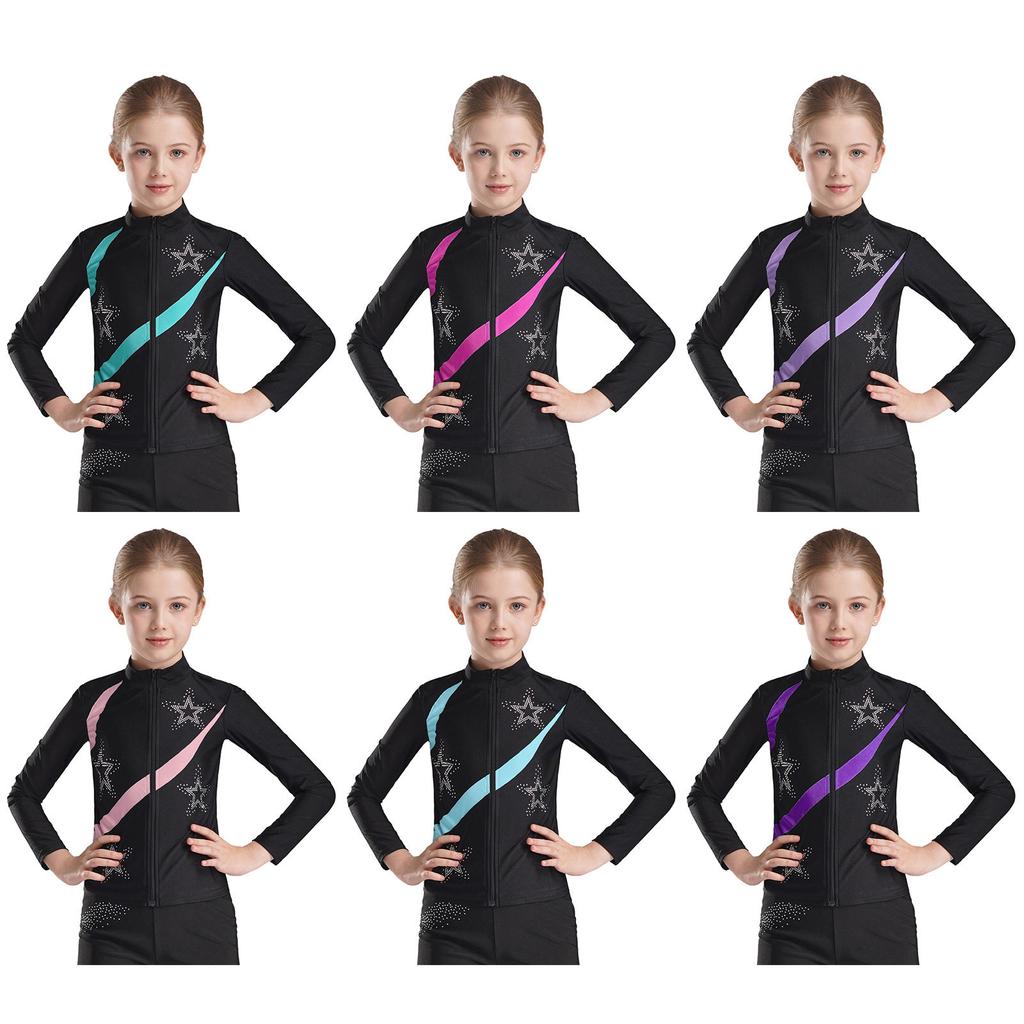 Girls Shiny Rhinestone Star Sports Top Contrast Color Long Sleeve Stand Collar Zipper Sweatshirt Gymnastics Wear