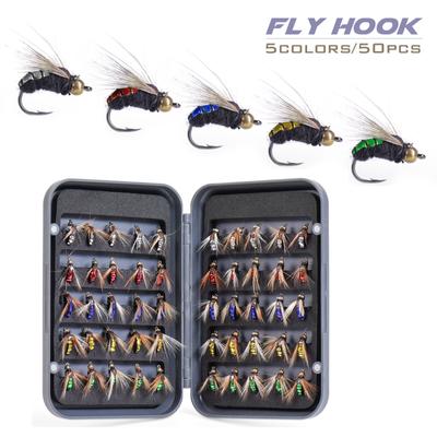 50 шт./кор., 5 цветов, ручная бионика, мушки для ловли нахлыстом для ручной ловли форели, окуня с натуральными перьями, ассортимент для ловли нахлыстом