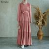 Women Pleated Casual Round Neck Long Sleeve Loose Long Dress