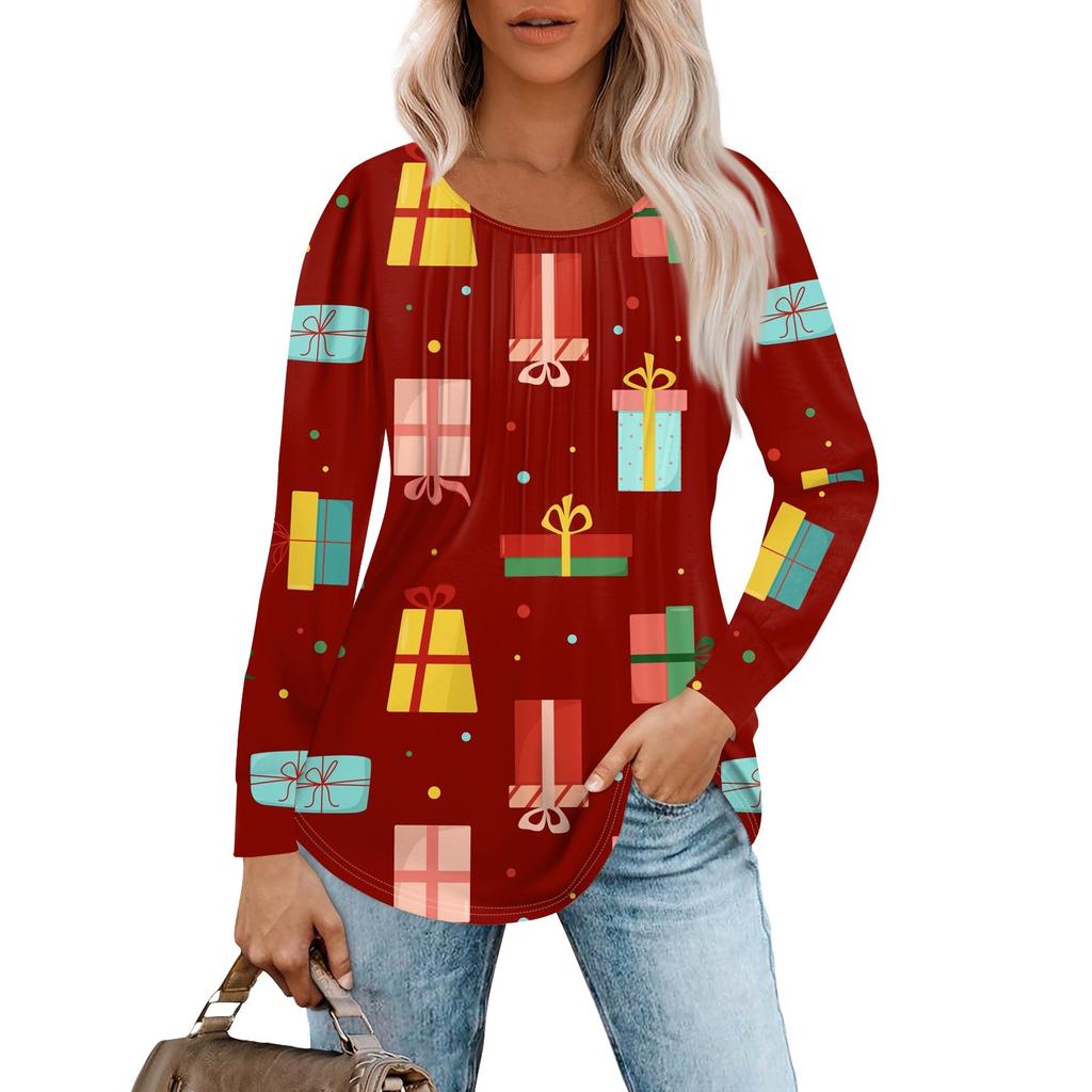 Женская повседневная футболка с круглым вырезом и длинными рукавами с рождественским принтом и складками