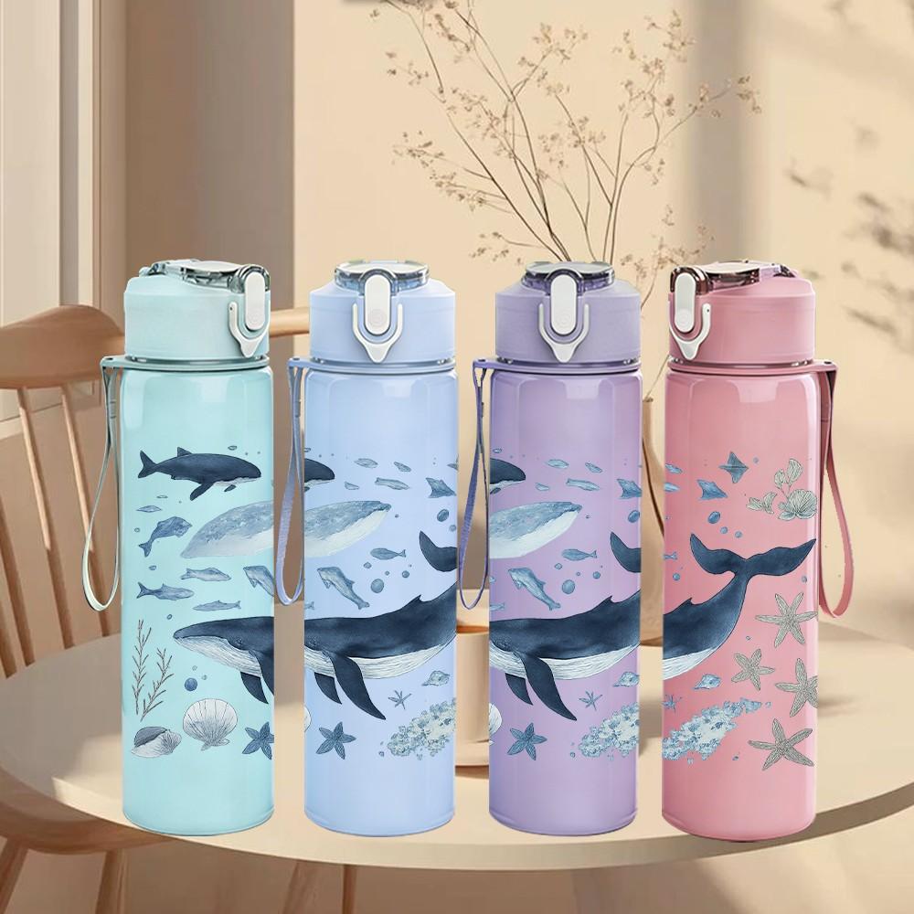 1PC Blue Whale Seawater Grid Layout 750ml Color Plastic Sports Water Bottle Leakproof Flip Straw Lid For Sports Office Home Use