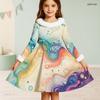 Girls White Fur Collar Long Sleeve Bow Black Gold Printed A Line Flared Dress