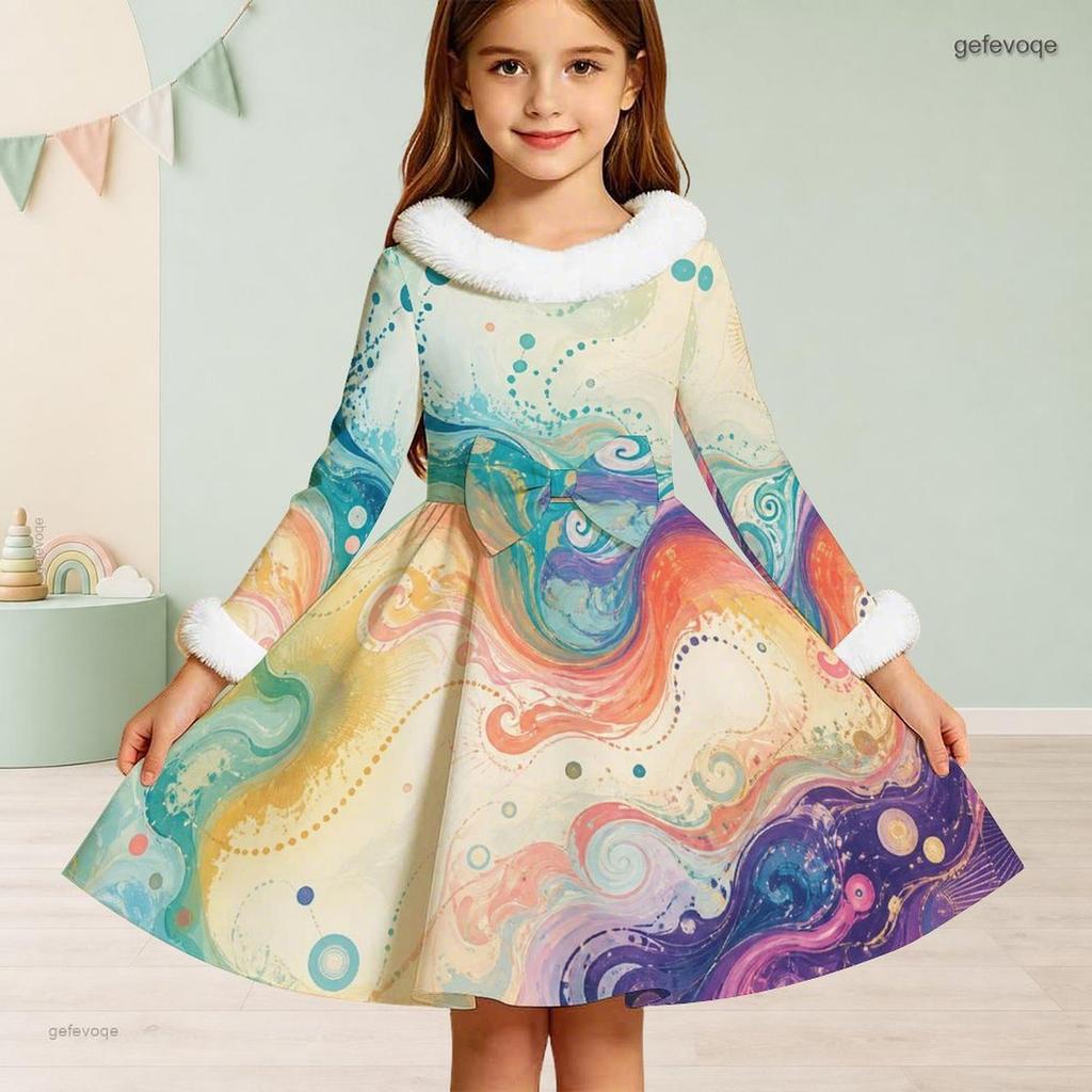 Girls White Fur Collar Long Sleeve Bow Black Gold Printed A Line Flared Dress