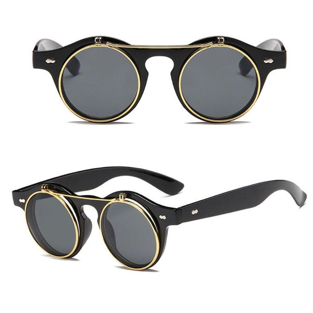 Double Layer Outdoor Sunglasses Round Frame Black Shades Glasses Flip Cover Sunglasses