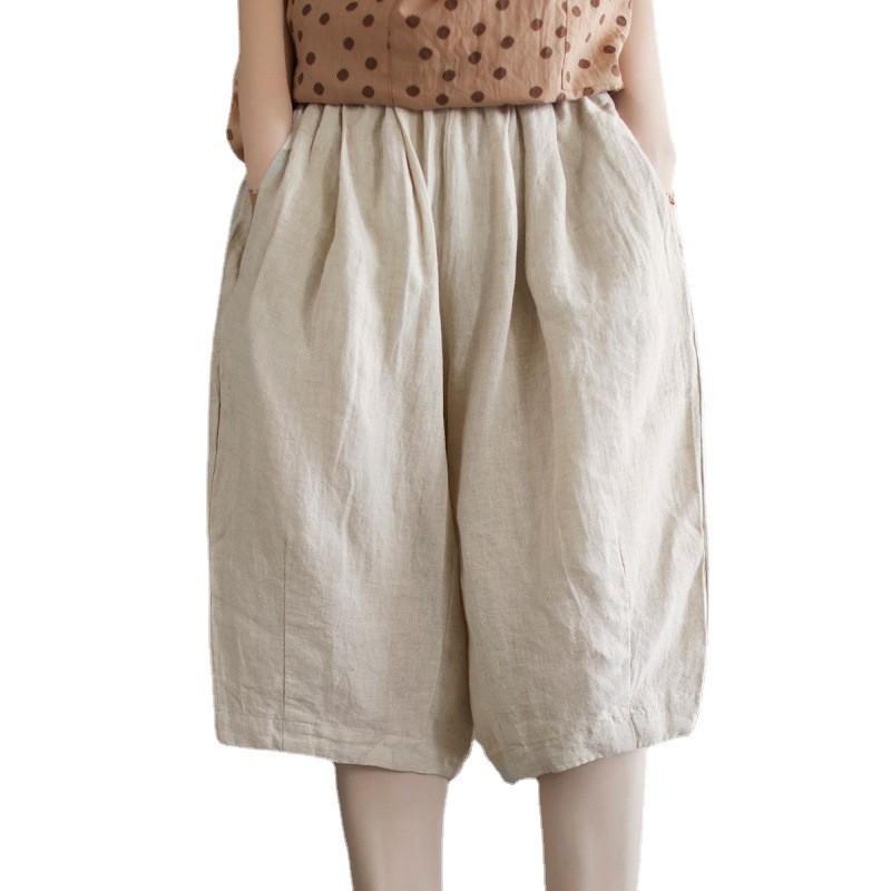 В наличии: Женские летние ретро хлопково-льняные брюки - Эластичная талия, Дизайн пять точек, Большой размер, Повседневный стиль