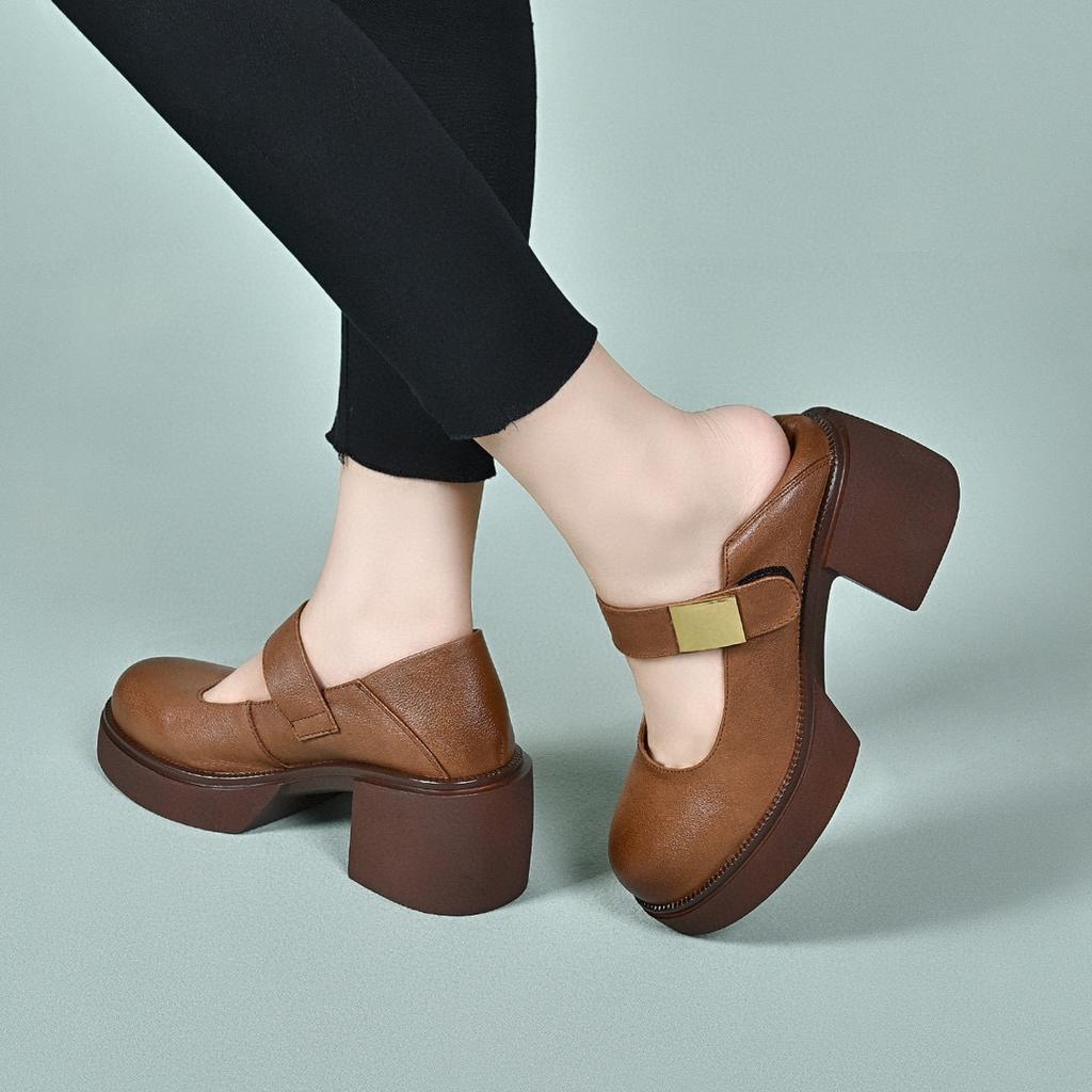 Platform Shoes Women's Spring Round Head Buckle Mary Jane Single Shoes First Layer Cowhide Muffin and Shallow Mouth Women's Shoes