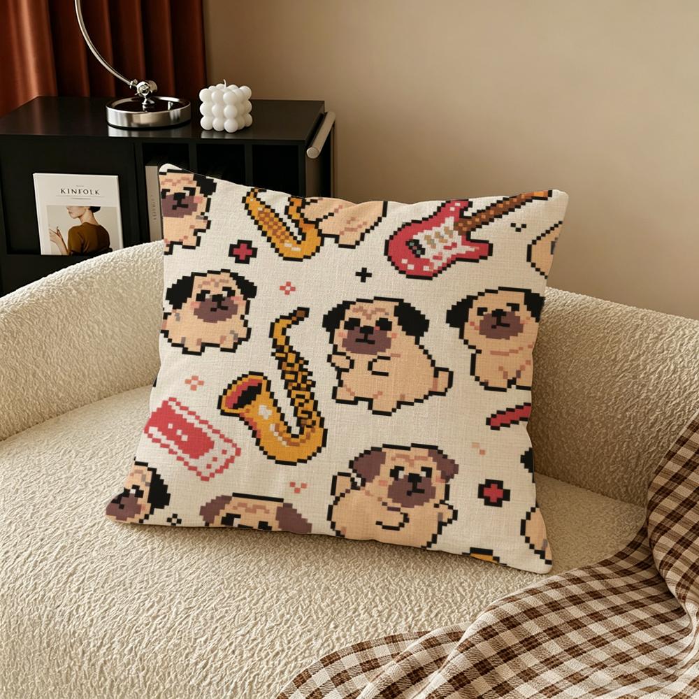 C-Cartoon Pet Pug Cushion Cover Natural Linen Pillowcase Set, All-In-One Decor For Sofa, Bedroom & Chair
