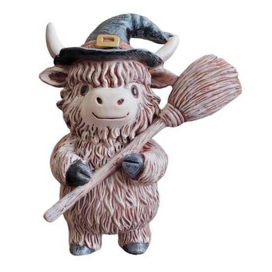 Halloween Highland Cow Resin Figurine Wizard Hat Pumpkin Broom Cattle