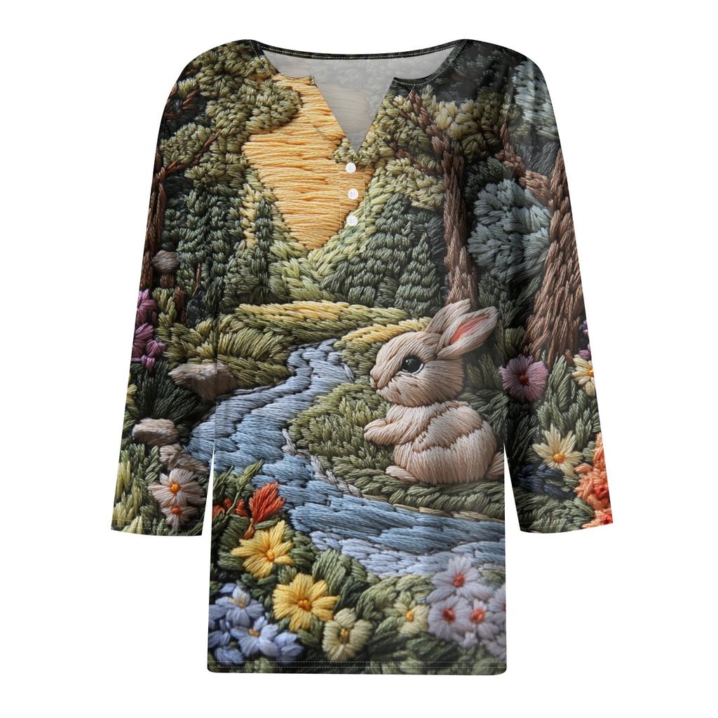 Жен. Футболка Футболка С принтом Пуговицы Рукав 3/4 Повседневные Выходные Мода Классический V-образный вырез Обычный Топ