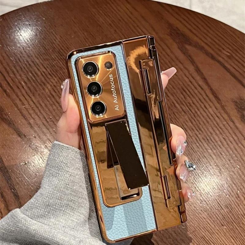 Для Samsung Galaxy Z Fold 5 Z Fold 4 Z Fold 3 5G чехол с защитной пленкой для экрана Роскошный кожаный цельный чехол-подставка золотого цвета