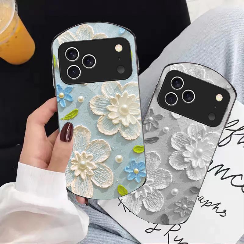 Крем-белый с лепестками Для iPhone 17 Air 16 15 14 Pro 13 Plus 12 mini 11 Pro Max XR X 7 8 Эллиптический закаленный стеклянный чехол для телефона