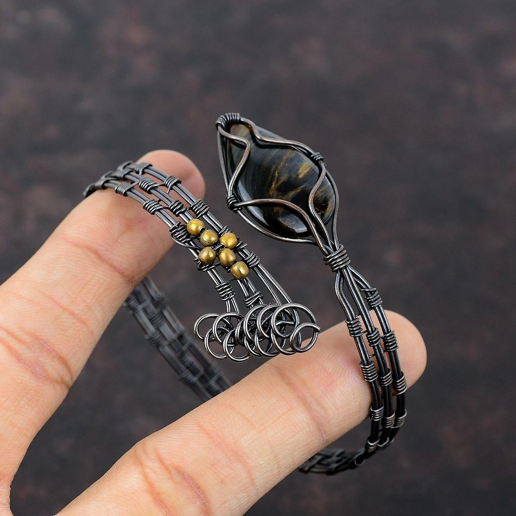 Pietersite браслет из медной проволоки, обернутый драгоценными камнями, регулируемый браслет-манжета, браслет ручной работы, браслет-манжета из медной проволоки, свадебный подарок