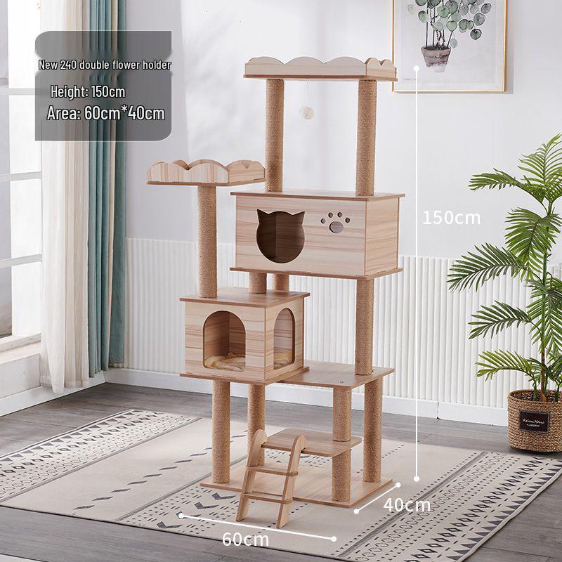 Большая кошачья игровая башня со встроенной кроватью-капсулой, когтеточкой, платформой от пола до потолка и полками.