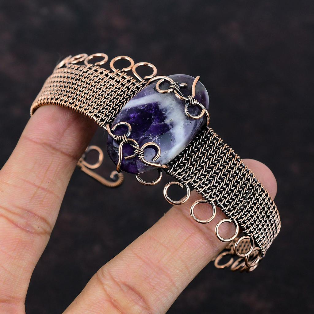 Chevron Amethyst Gemstone Cuff Bracelet Copper Wire Wrapped Bangle Adjustable Cuff Bracelet Copper Wire Jewelry Gift For Mom Handmade Bangle