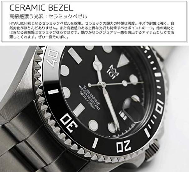 HYAKUICHI 101 Кварцевые Дайверские 20 АТМ Водонепроницаемые Керамика Металлический Ремешок №1Z Мужские Часы, Ударопрочные, Безель, Календарь, (черный)