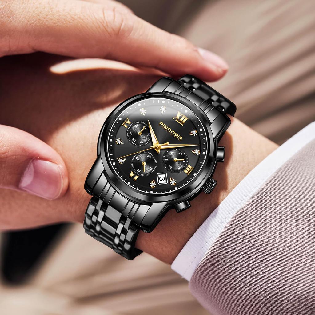 PINDOWS роскошные кварцевые аналоговые часы с большим циферблатом и датой водонепроницаемые модные деловые часы из нержавеющей стали классические часы с люминесцентным календарем для мужчин