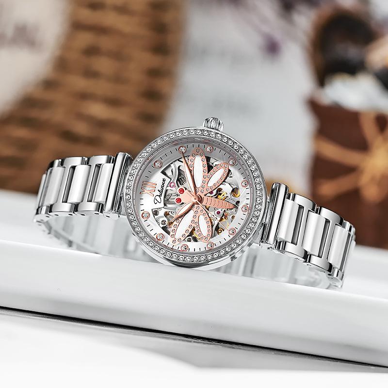 Dulunwe Automatic Mechanical Watches for Women Fashion Waterproof Watch with Dragonfly Dial for Ladies Gifts Diamond Watches