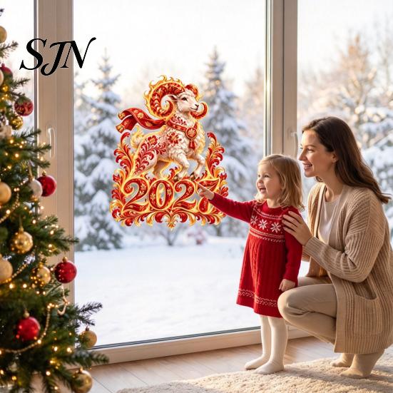 Russian New Year Party Supplies 2027 Flame Goat Static Glass Sticker, PVC Zodiac Sheep Window Cling for Home and Atmospheric Festival Art Store
