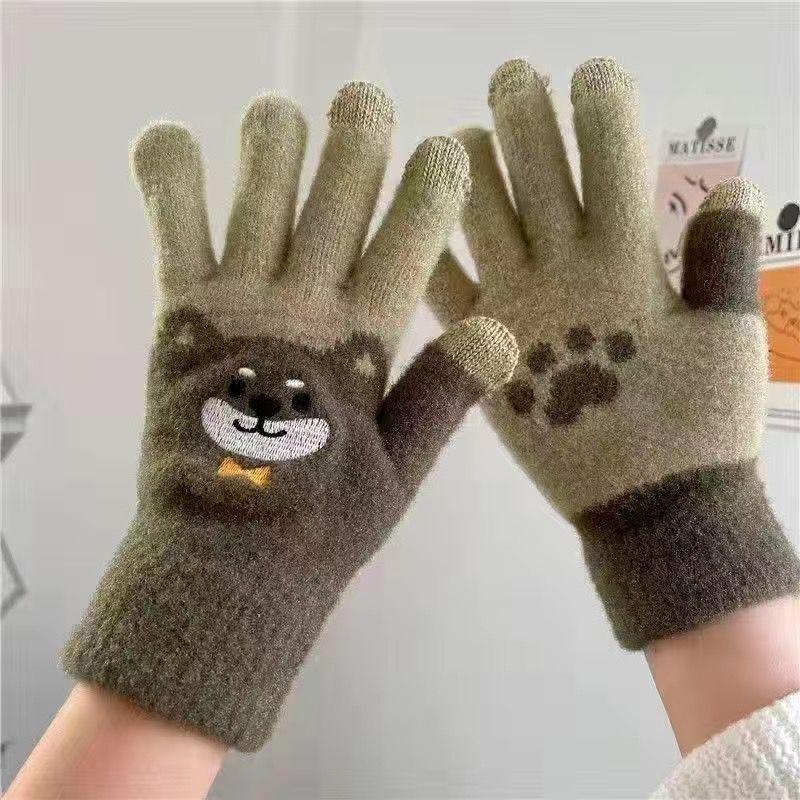 Милые зимние трикотажные перчатки для сенсорных экранов в корейском стиле 2024 года для женщин — теплые и толстые, идеально подходят для езды на велосипеде и защиты от холода