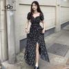 French Square Collar Floral Dress Women's Summer 2024 New Waist Mid-length Slit A-line Long Dress
