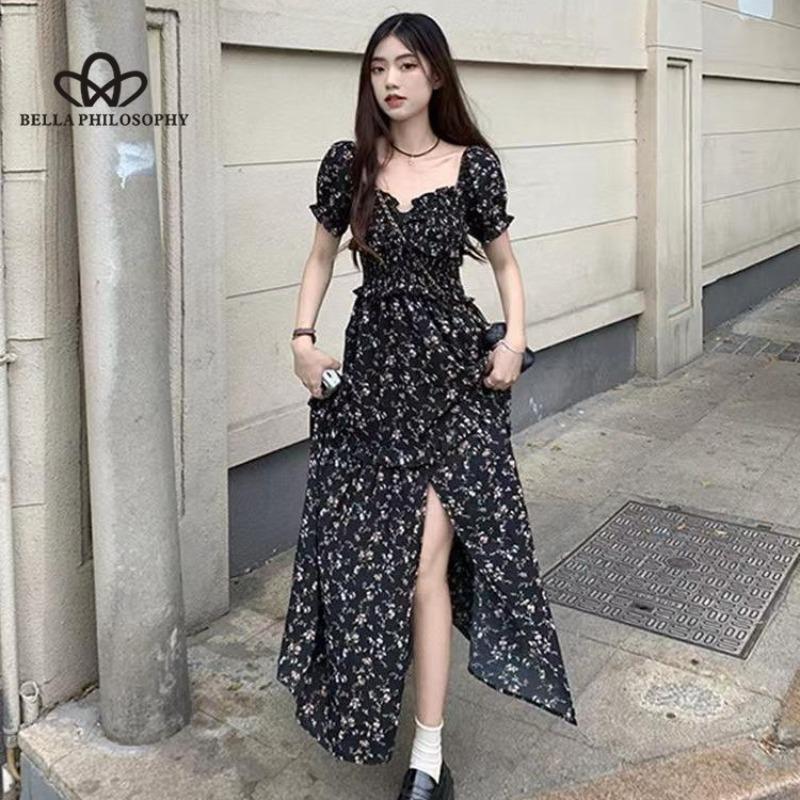 French Square Collar Floral Dress Women's Summer 2024 New Waist Mid-length Slit A-line Long Dress
