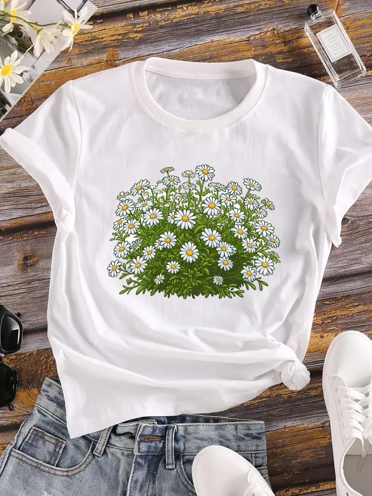 (Asian Size) Lovely Flower Trend Cute Short Sleeve T Shirt Casual Tee Top Fashion Women Clothing Printed O-neck Ladies Female Graphic T-shirts