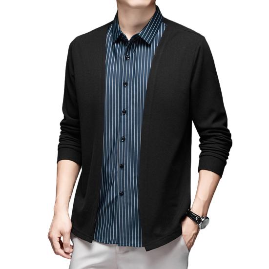 Мужская рубашка, имитация двухкомпонентного кардигана с отложным воротником, однобортная, в полоску, с длинными рукавами, подходящего цвета, трикотажная, официальная
