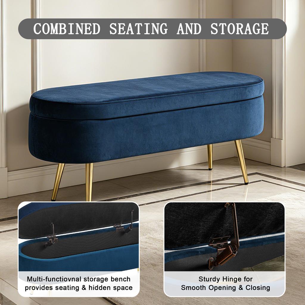 Multifunctional Bench, Soft Velvet, Metal Legs, Wood Frame, 20L Storage Space, 110x40x42cm, for Bedroom, Living Room, Shoe Bench, Hallway, Blue