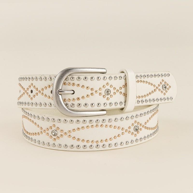 Punk Belt Women Retro Rivet Rhinestone PU Leather Waist Strap 4cm Wide 105cm Length Pin Buckle Black White Camel