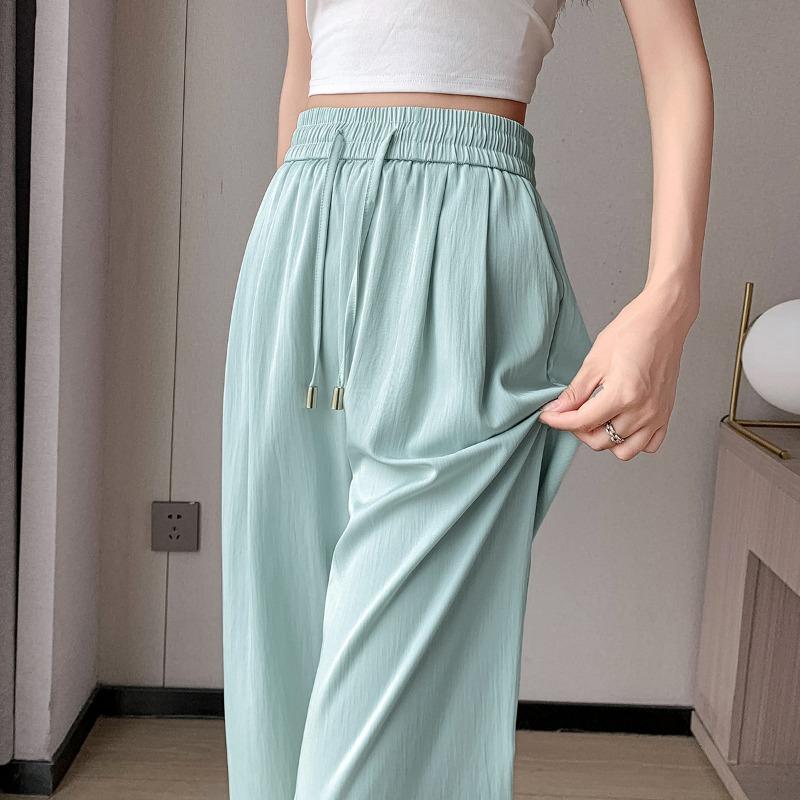Women's Summer New Thin Loose Wide-legged Trousers Small High Waisted Elastic Nine-minute Trousers Ice Silk Straight Casual Trousers