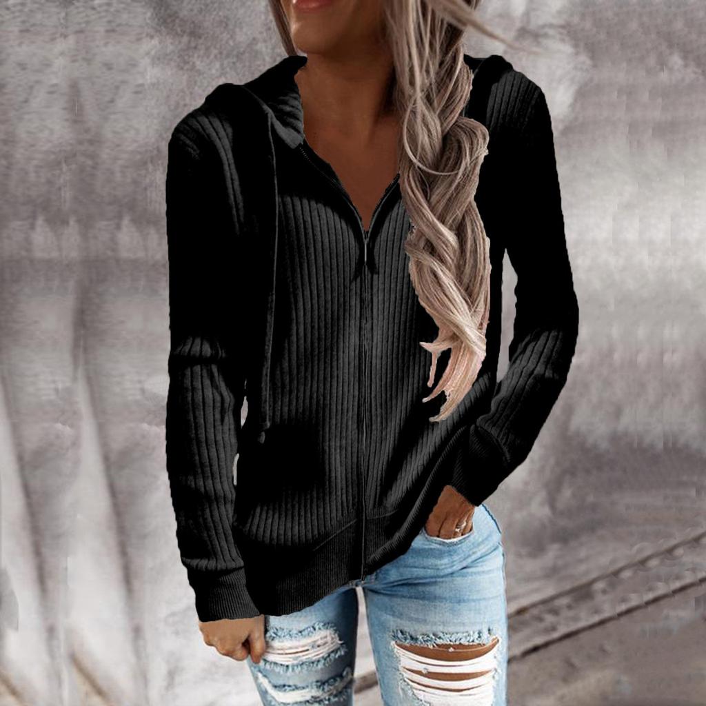 Женская мода, однотонная толстовка с капюшоном и застежкой-молнией, повседневная толстовка с длинным рукавом, пальто