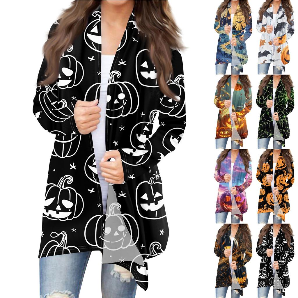 Женская модная повседневная куртка-кардиган средней длины с принтом на Хэллоуин и нерегулярным подолом
