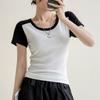 Cool Threaded Contrast Color Round Neck Slim Fit Cotton T-Shirt for Women 2024 Spring and Summer New High Elastic Inner Slim Top