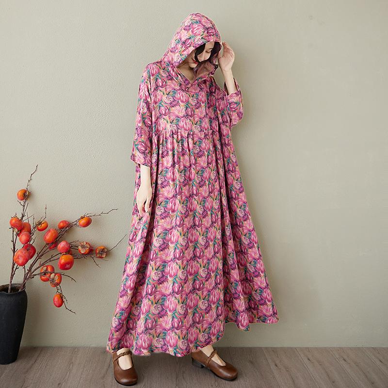 DIMANAF 2025 Плюс Размер Летнее Платье-Шляпа Женское Повседневное Винтажное Длинное Платье Свободное Цветочное Печать Льняное Платье Макси