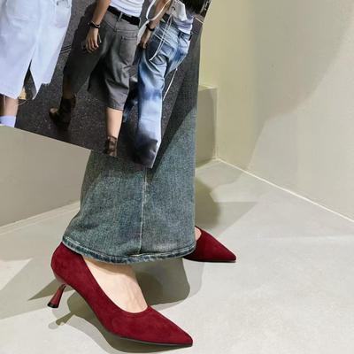 2025 Корейский Стиль Женские Туфли-Лодочки на Шпильке с Острым Носком - Замша, Элегантные Вечерние Рабочие Туфли