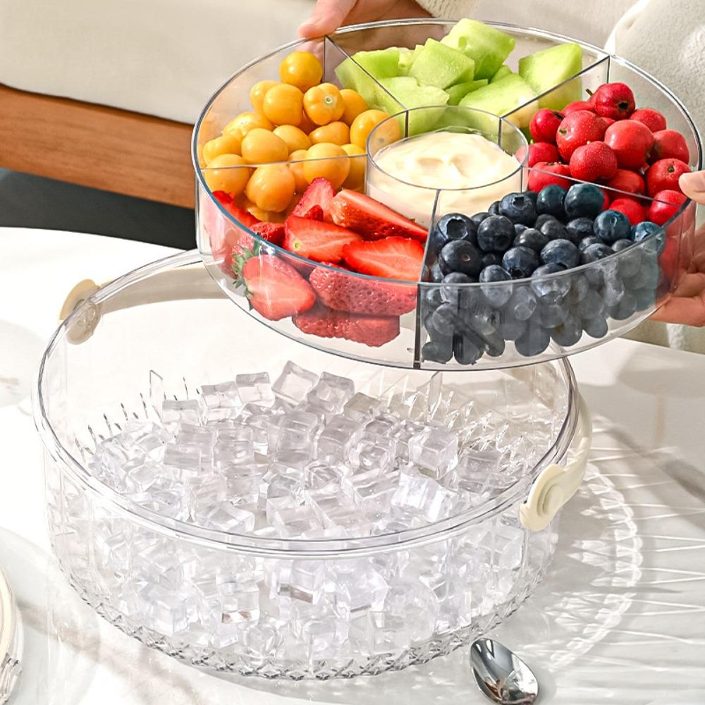 Divided Picnic Fruit Preservation Tray Foldable Handle Double Layer Fruit Storage Container Round Transparent