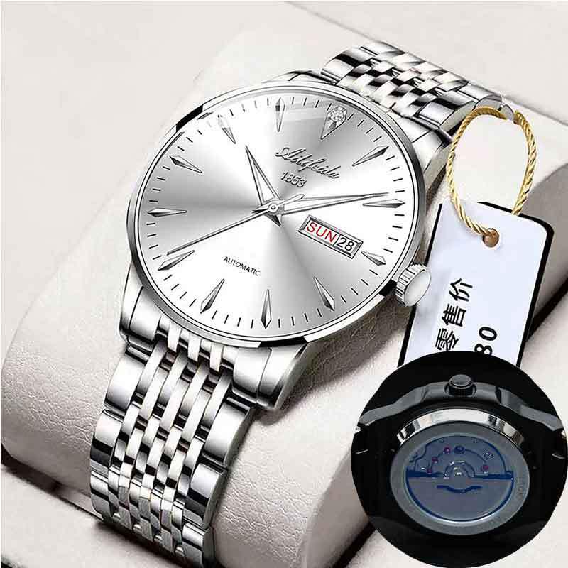 Aili Feida Men's Quartz Waterproof Watch with Hollow Back and Calendar Feature.