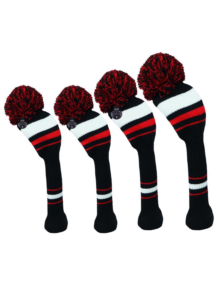 4Pcs Knitted Golf Headcovers Set | Striped Contrast Design with Pom-Pom | Long Neck Driver/Fairway Woods Covers 1/3/5# Warm Winter Golf Accessories