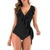 Women Ruffle V Neck  Swimsuits Tummy Tie Side Wrap Slimming Bathing Swimwear