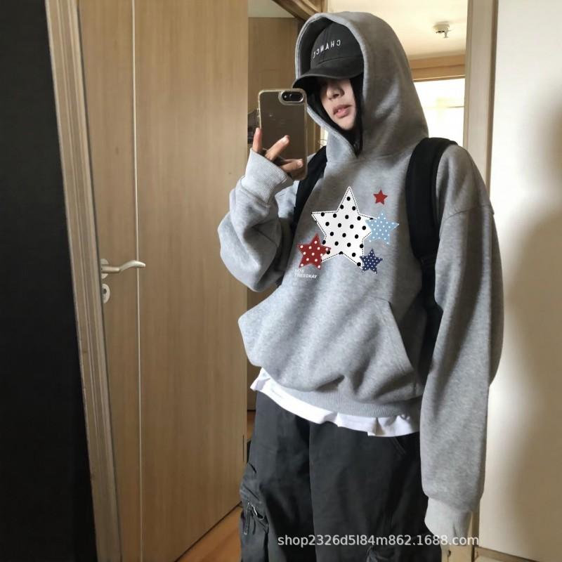 American Vintage Star Print Hoodie Oversize Loose Fit Pullover Sweatshirt Fall Winter