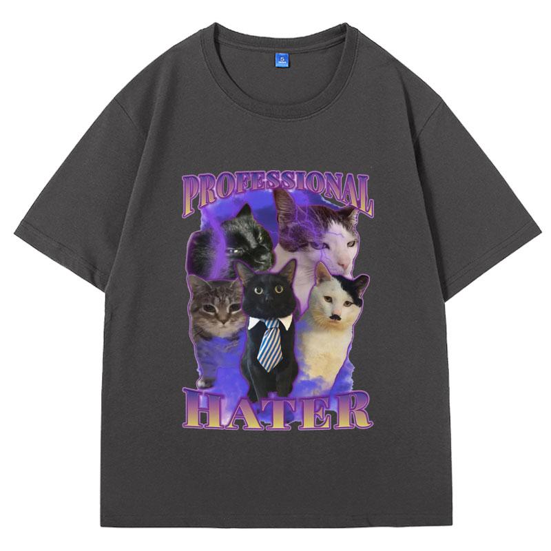 Professional Hater Funny Cat Meme T-shirt Men Vintage Trendy Cat Lover T-shirts Hip Hop Loose Cozy Cotton Tees Male Streetwear