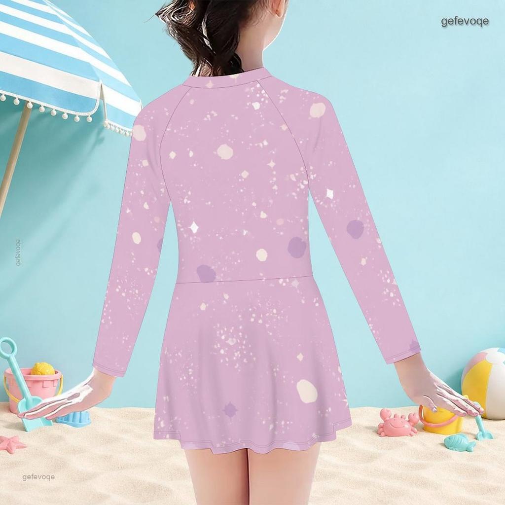 Girls High Neck Long Sleeve One Piece Swimsuit Front Zip Printed Skirt Hem Black Blue