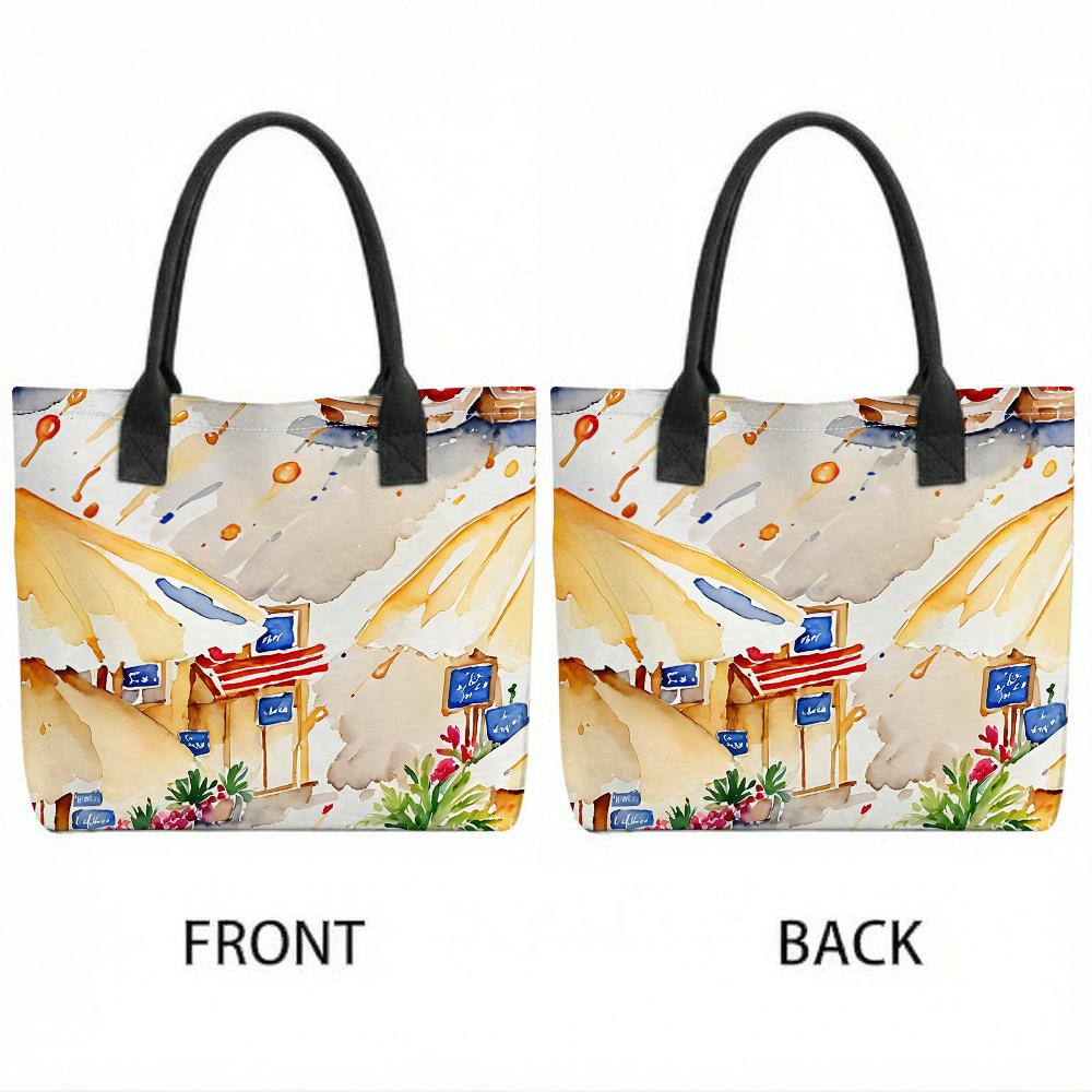  Watercolor Town Print Canvas Tote Bag Casual Large Capacity Daily Handbag for Women Shopping Travel