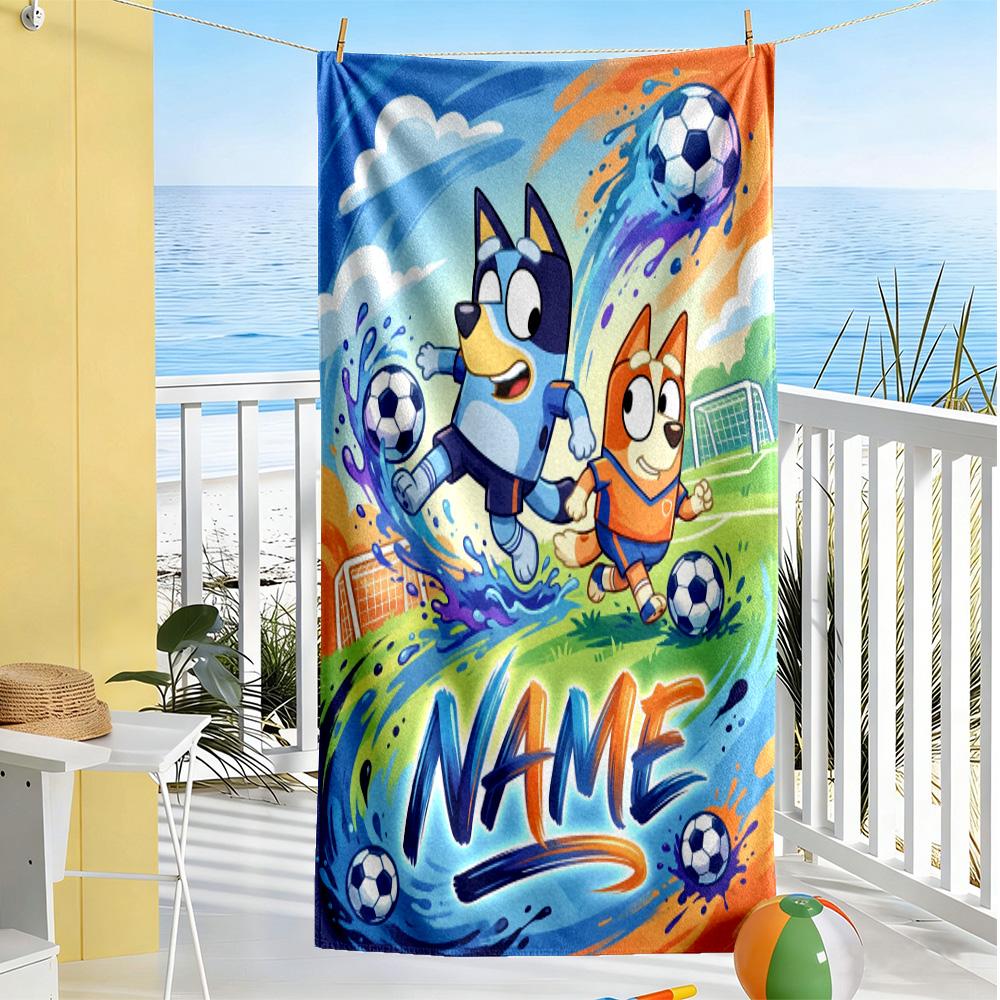 Soccer Fun Blue Customized Name Beach Towel Quick-Dry Soft Microfiber