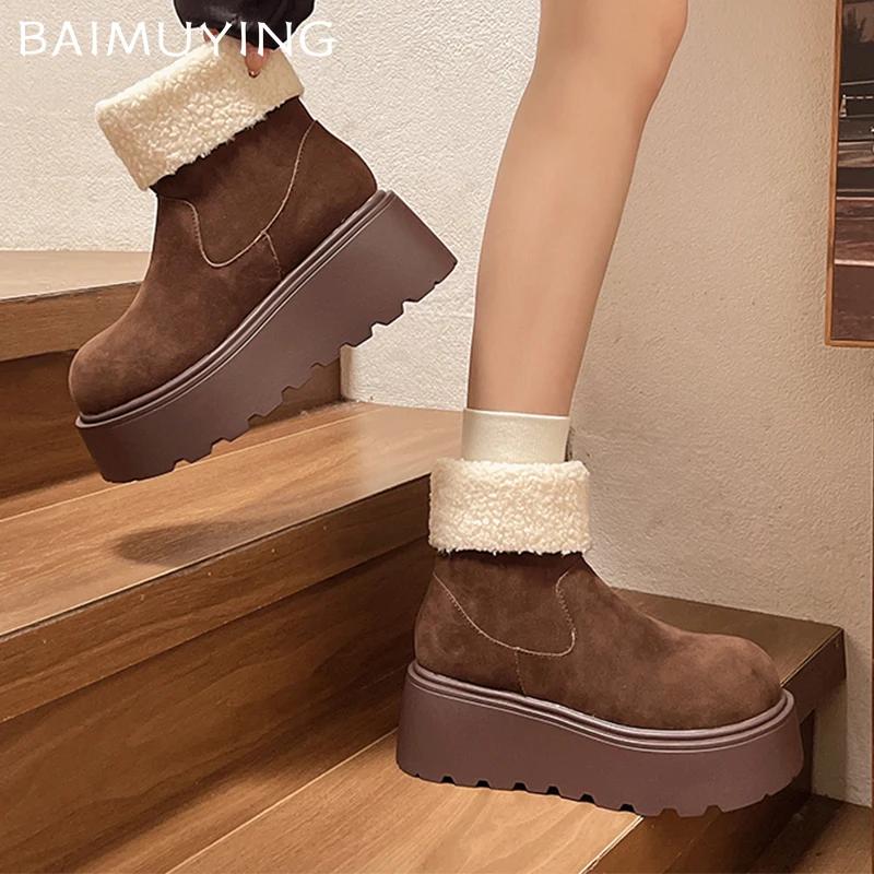 Ботильоны женские на меховой платформе, замшевые туфли на плоской подошве, женские, 2025 года, тренд, зимняя мода, дизайнерские, для ходьбы, повседневные, теплые, для снега, женские