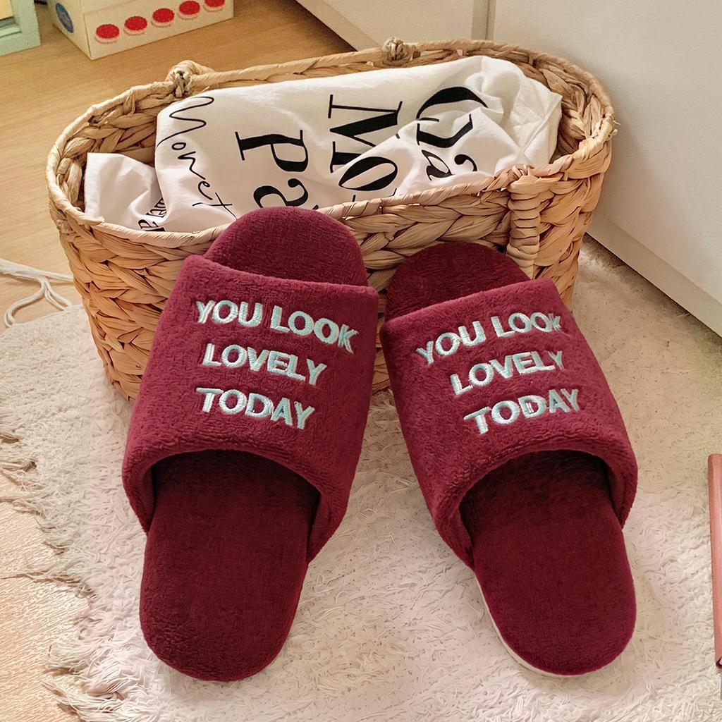 Embroidered letters soft bottom non-slip open cotton slippers women's autumn and winter silent home indoor floor slippers