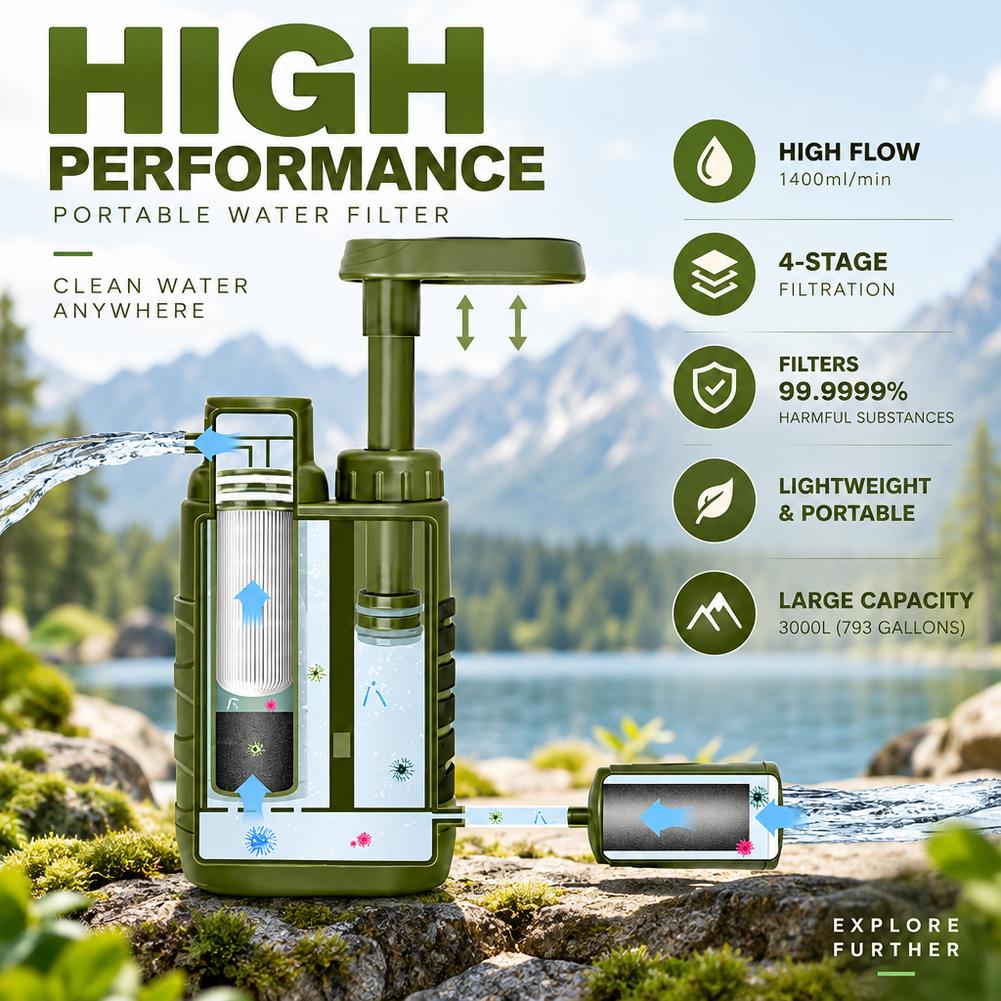 0.01um Portable Water Filter Pump Hand‑Press Outdoor Water Purifier Survival Filtration System for Camping Hiking Emergency