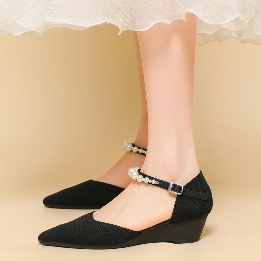 Женские весенние туфли на каблуках с острым носком, повседневные туфли с неглубокой горловиной и полой пряжкой, однотонные туфли с жемчужным принтом, размеры 34-40