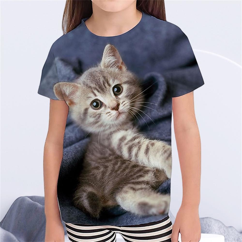 Детская одежда для мальчиков и девочек Футболка с принтом 3D Cat и короткими рукавами, топ с круглым вырезом