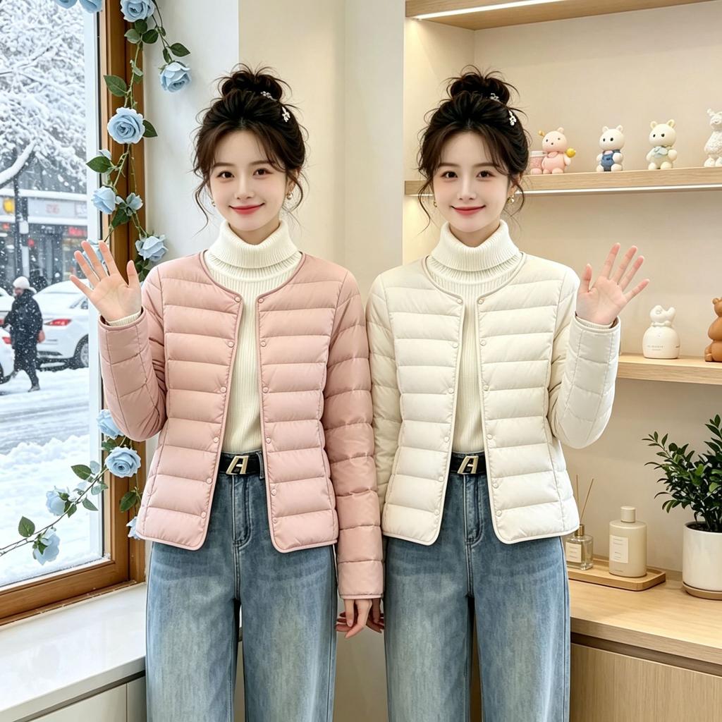 New light and short cotton clothes, women's round neck, slim and thin, small warm cotton-padded clothes, liner jacket.